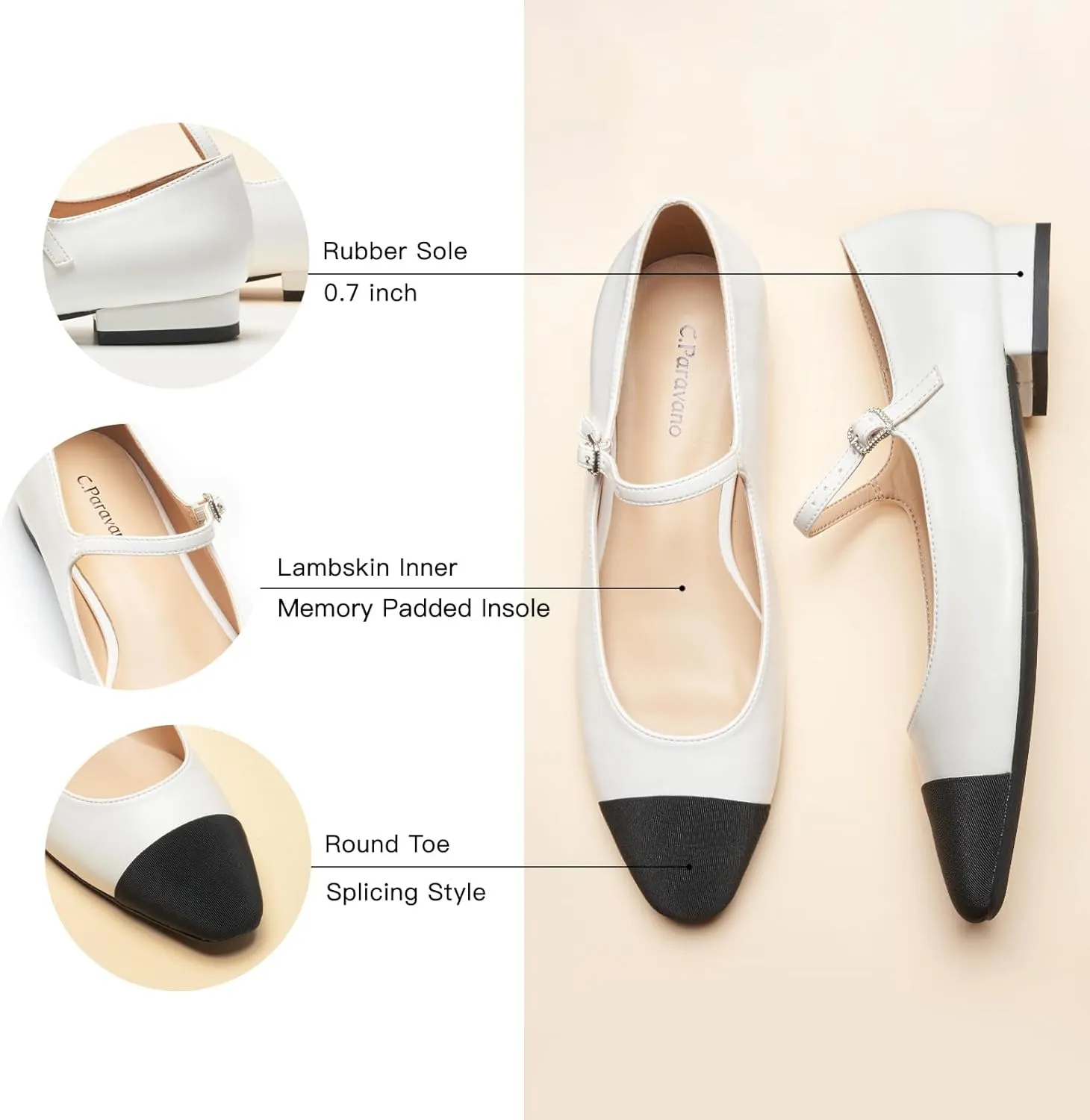 C. Paravano Women's Mary Jane Flats | Almond Toe Leather Ballet Flats with Adjustable Strap, Dressy and Casual Shoes for Office,Travel,Bridal, Church,Business Meetings & Daily Wear