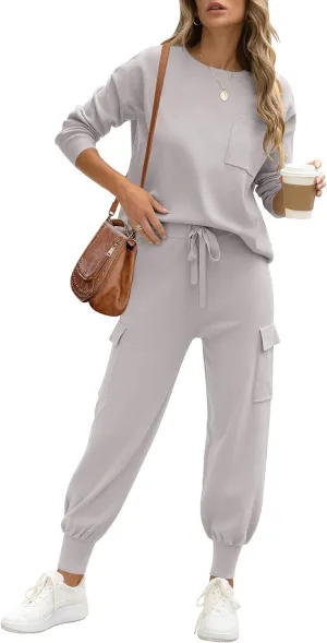 Caracilia Women's Two Piece Outfits Sweater Sets Long Sleeve Knit Tops Matching Cargo Jogger Pants 2024 Fall Lounge Sets