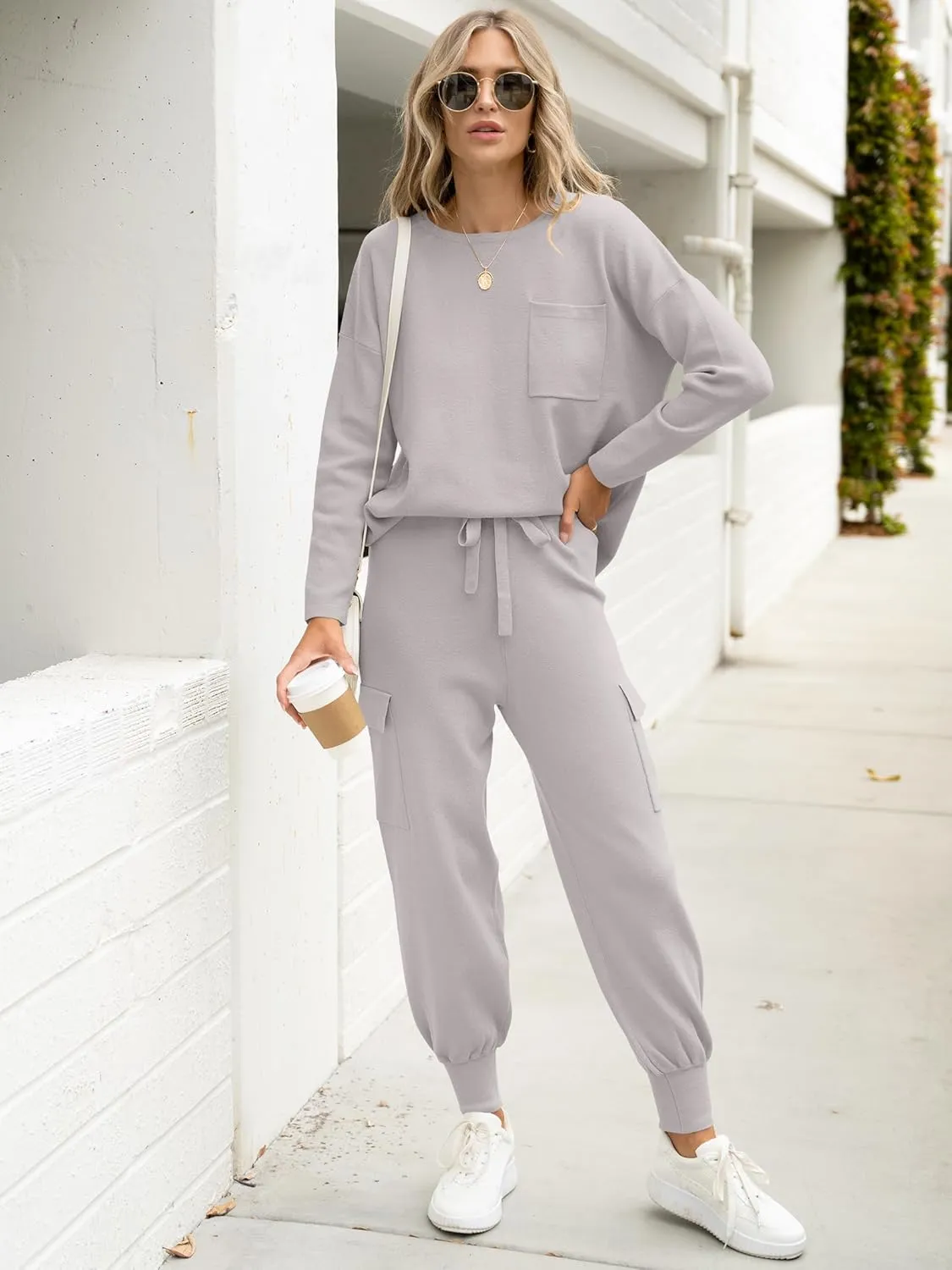 Caracilia Women's Two Piece Outfits Sweater Sets Long Sleeve Knit Tops Matching Cargo Jogger Pants 2024 Fall Lounge Sets