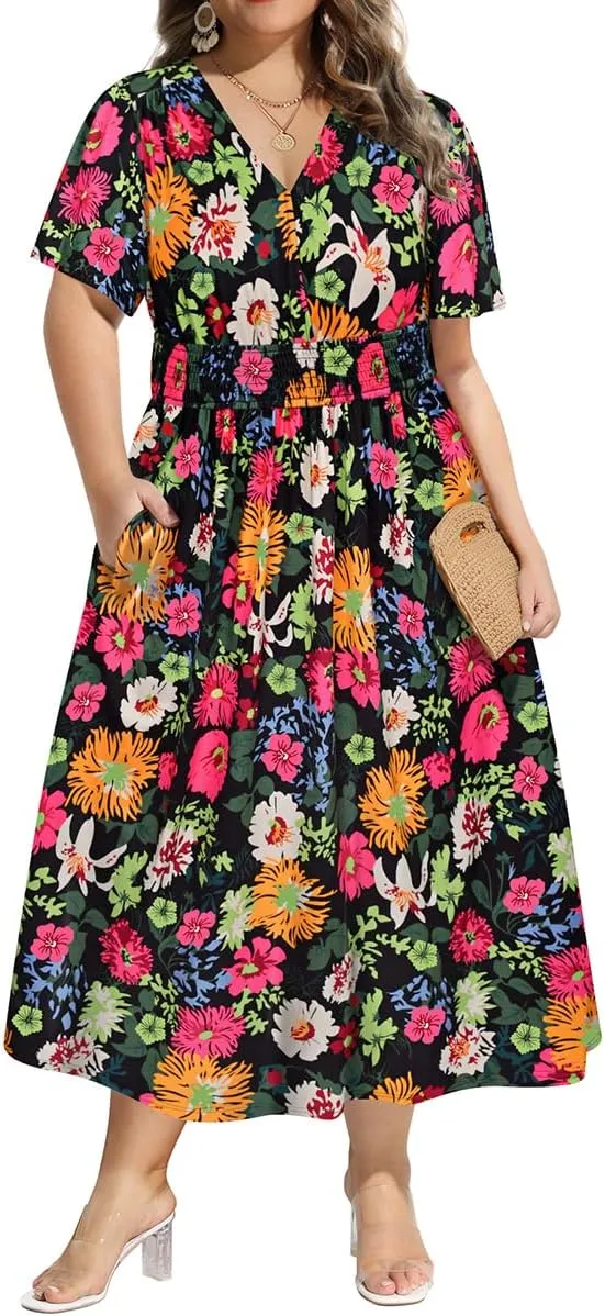 CARCOS Plus Size Dresses for Curvy Women V Neck Summer Maxi Dress Short Sleeve Floral Boho Dress Smocked Waist Beach Dress