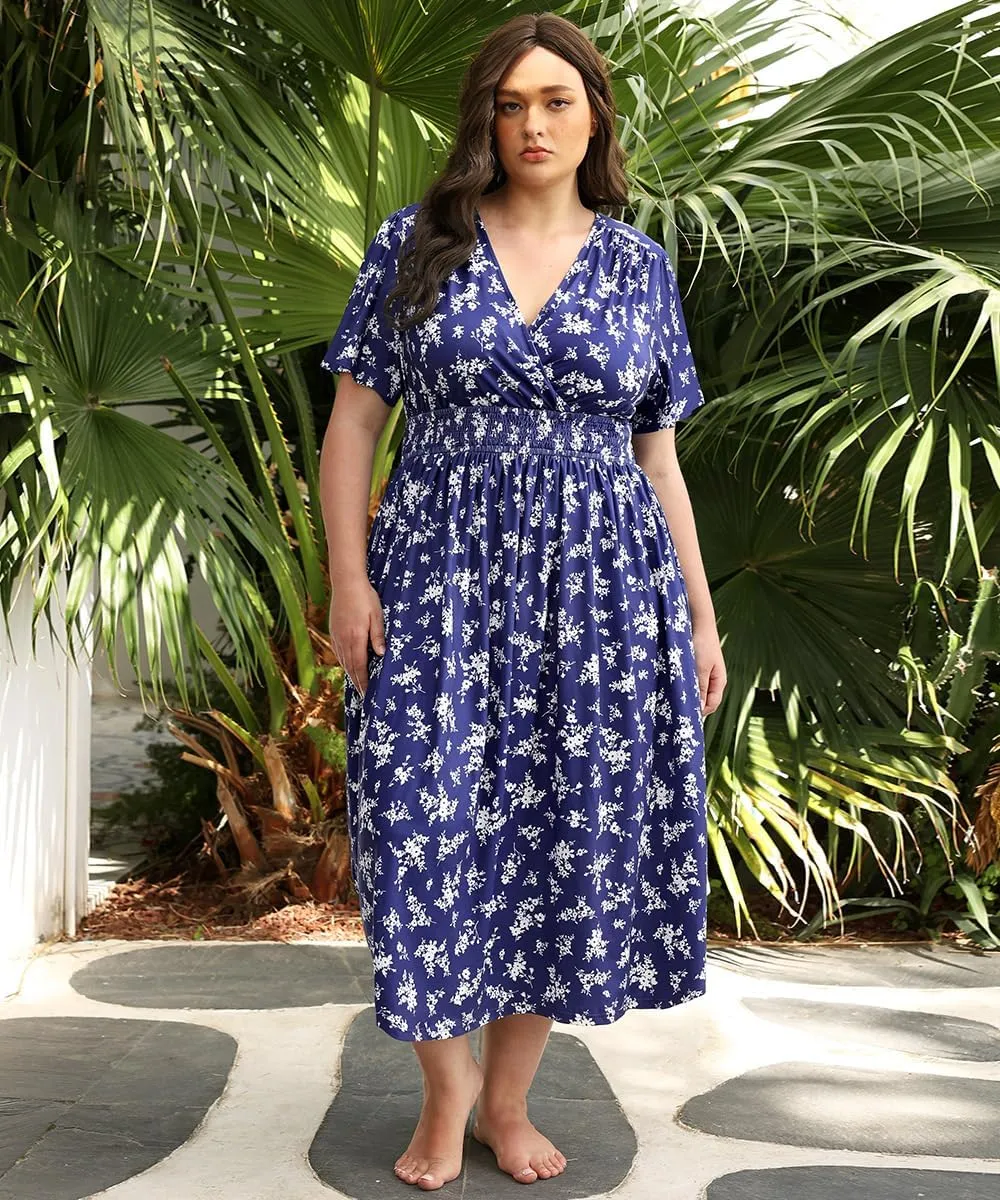 CARCOS Plus Size Dresses for Curvy Women V Neck Summer Maxi Dress Short Sleeve Floral Boho Dress Smocked Waist Beach Dress