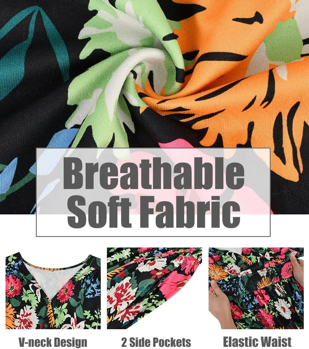 CARCOS Plus Size Dresses for Curvy Women V Neck Summer Maxi Dress Short Sleeve Floral Boho Dress Smocked Waist Beach Dress