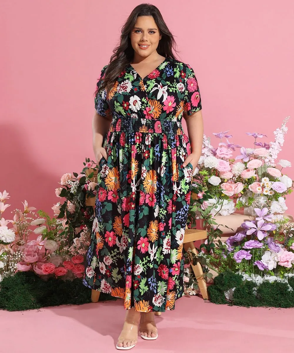 CARCOS Plus Size Dresses for Curvy Women V Neck Summer Maxi Dress Short Sleeve Floral Boho Dress Smocked Waist Beach Dress