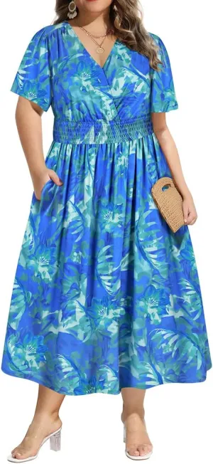 CARCOS Plus Size Dresses for Curvy Women V Neck Summer Maxi Dress Short Sleeve Floral Boho Dress Smocked Waist Beach Dress