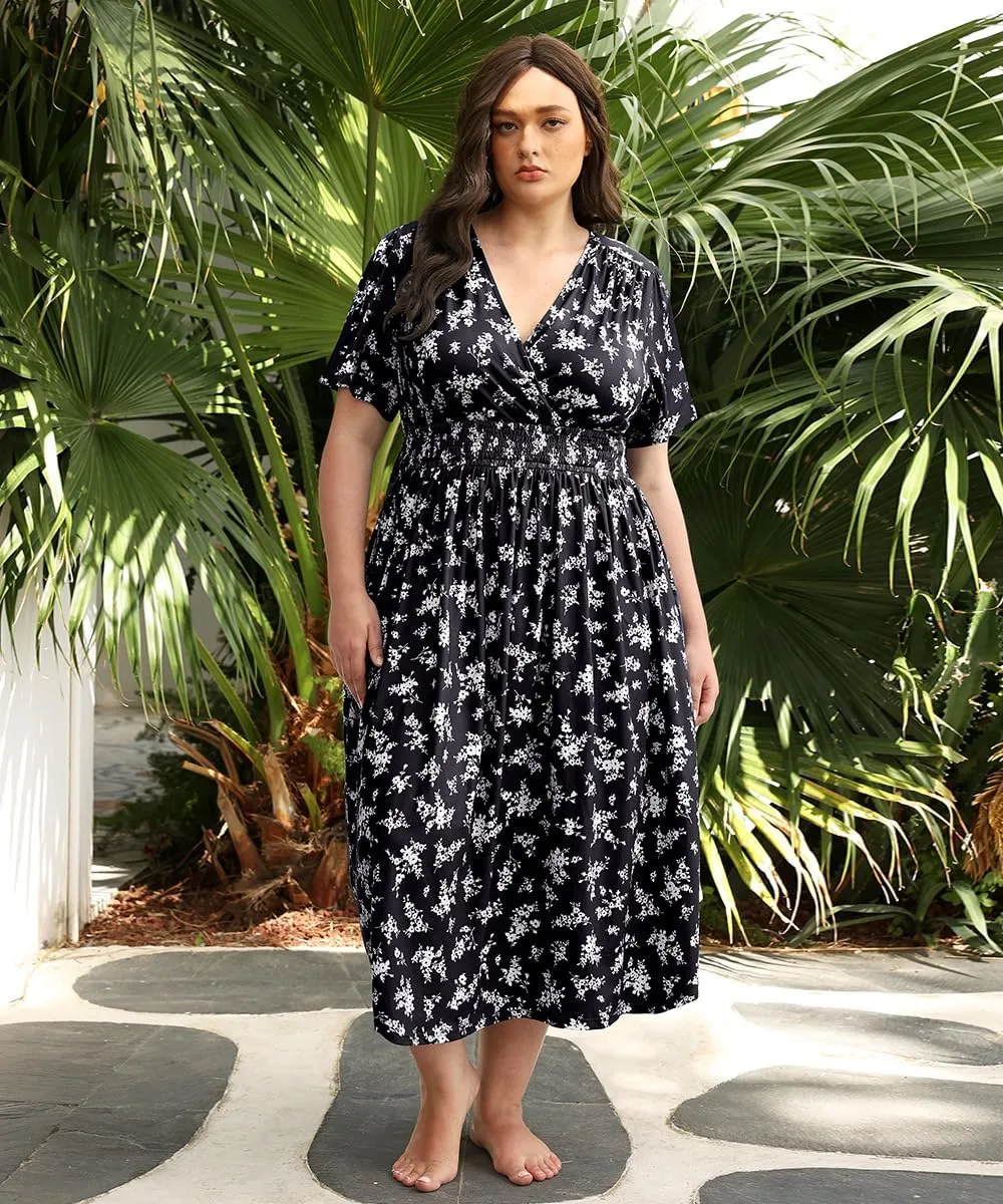 CARCOS Plus Size Dresses for Curvy Women V Neck Summer Maxi Dress Short Sleeve Floral Boho Dress Smocked Waist Beach Dress