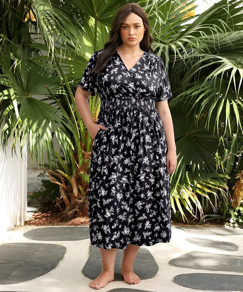 CARCOS Plus Size Dresses for Curvy Women V Neck Summer Maxi Dress Short Sleeve Floral Boho Dress Smocked Waist Beach Dress