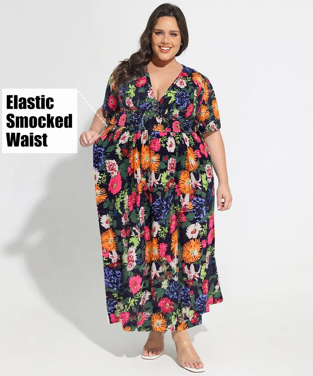 CARCOS Plus Size Dresses for Curvy Women V Neck Summer Maxi Dress Short Sleeve Floral Boho Dress Smocked Waist Beach Dress