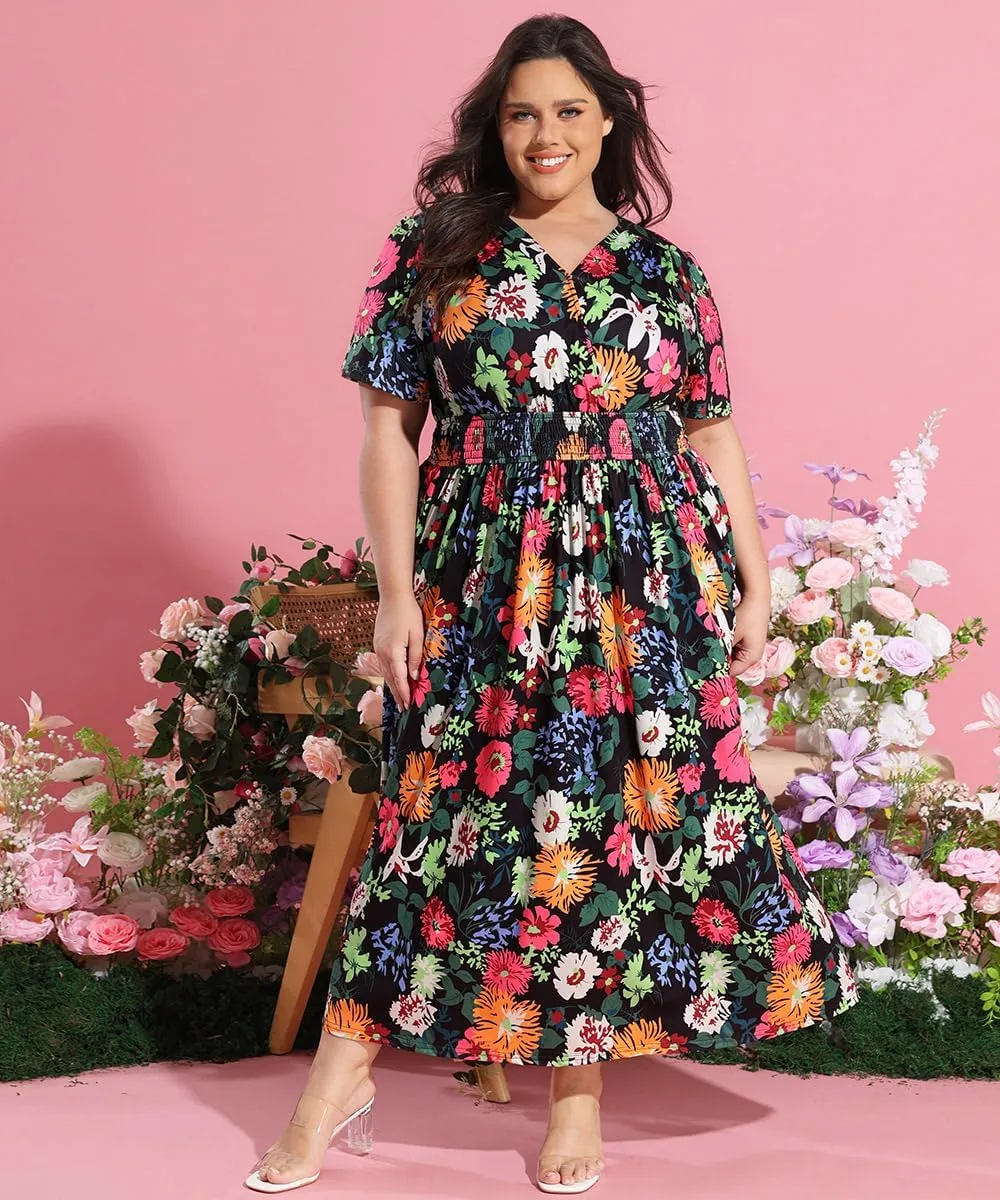 CARCOS Plus Size Dresses for Curvy Women V Neck Summer Maxi Dress Short Sleeve Floral Boho Dress Smocked Waist Beach Dress