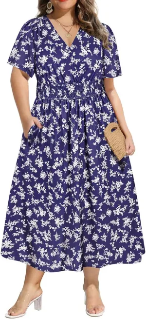 CARCOS Plus Size Dresses for Curvy Women V Neck Summer Maxi Dress Short Sleeve Floral Boho Dress Smocked Waist Beach Dress