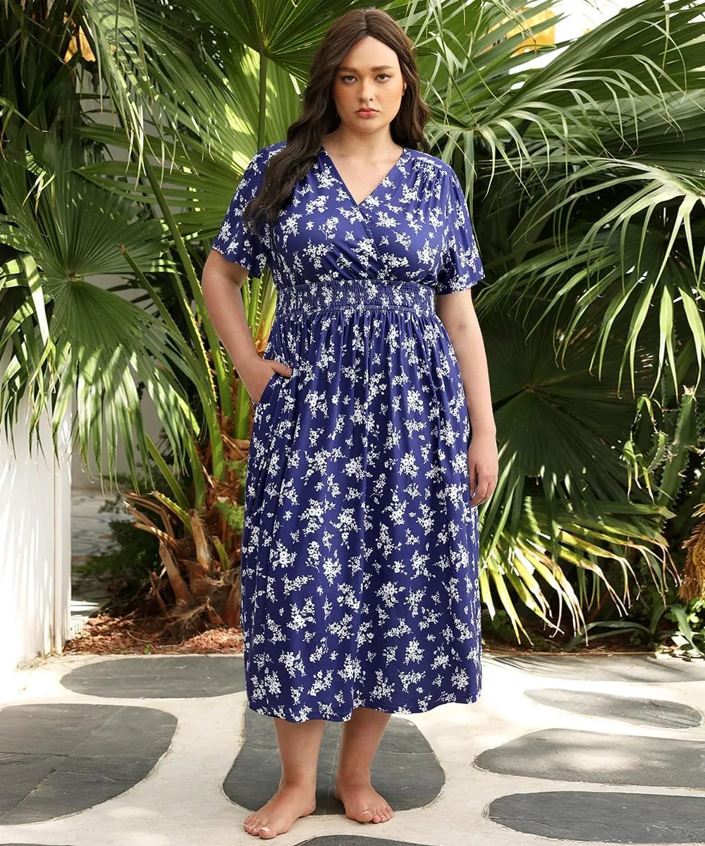CARCOS Plus Size Dresses for Curvy Women V Neck Summer Maxi Dress Short Sleeve Floral Boho Dress Smocked Waist Beach Dress