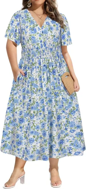 CARCOS Plus Size Dresses for Curvy Women V Neck Summer Maxi Dress Short Sleeve Floral Boho Dress Smocked Waist Beach Dress