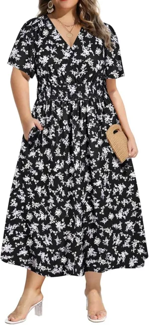 CARCOS Plus Size Dresses for Curvy Women V Neck Summer Maxi Dress Short Sleeve Floral Boho Dress Smocked Waist Beach Dress