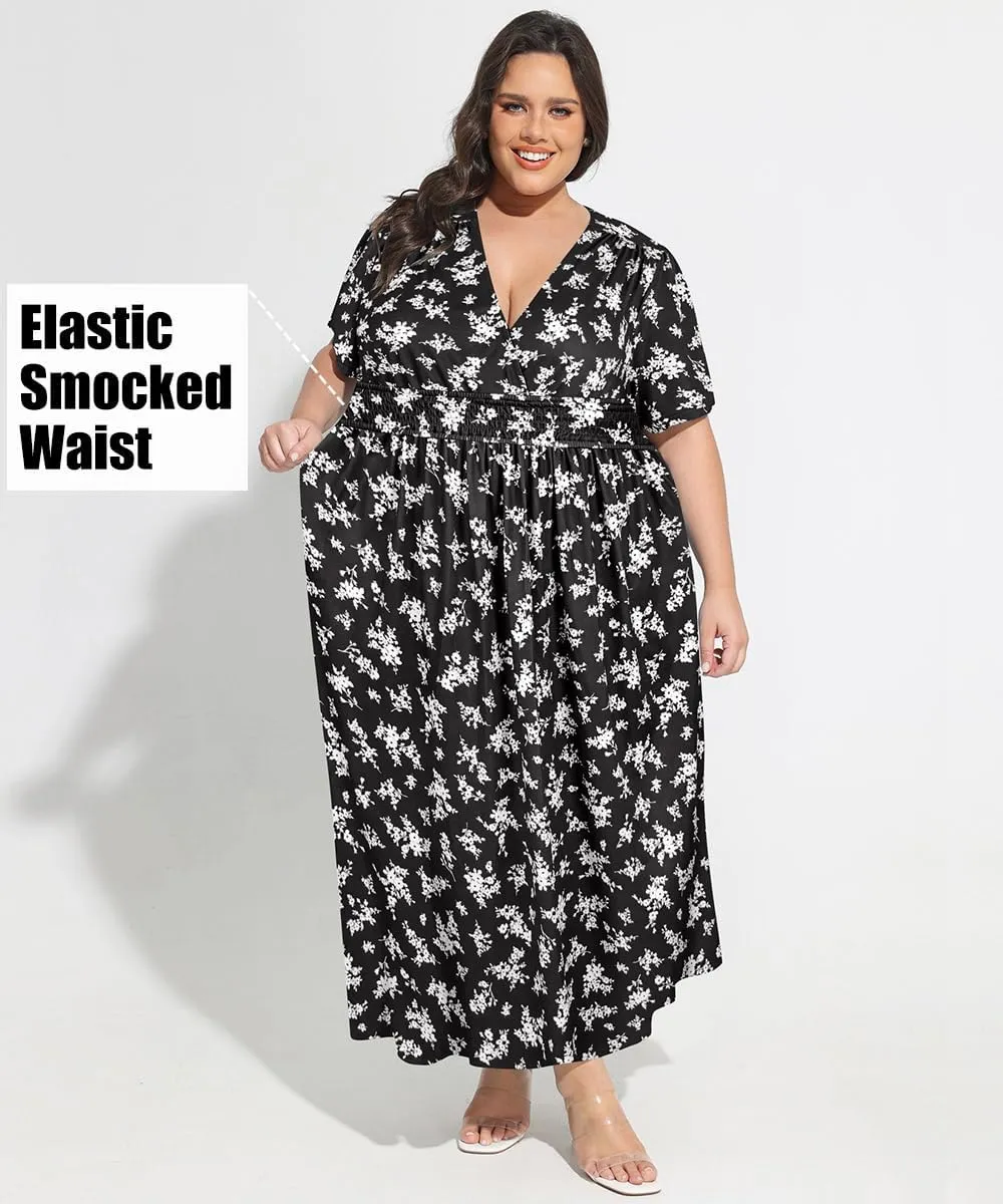 CARCOS Plus Size Dresses for Curvy Women V Neck Summer Maxi Dress Short Sleeve Floral Boho Dress Smocked Waist Beach Dress
