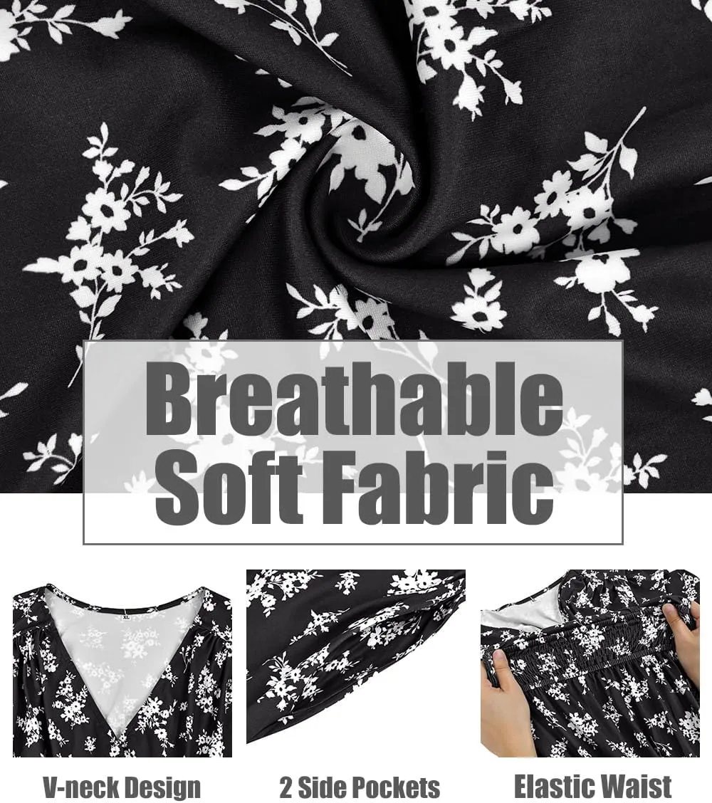 CARCOS Plus Size Dresses for Curvy Women V Neck Summer Maxi Dress Short Sleeve Floral Boho Dress Smocked Waist Beach Dress