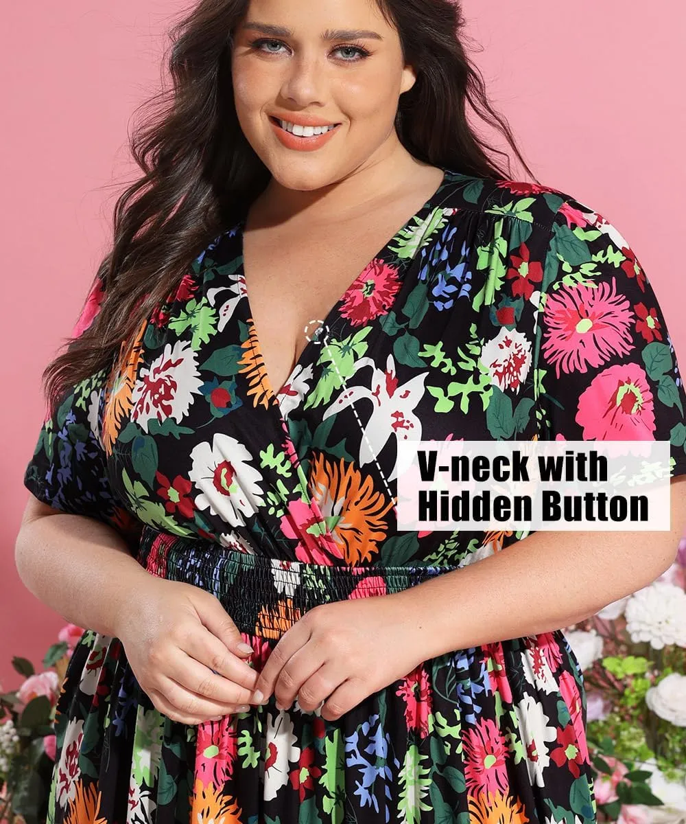 CARCOS Plus Size Dresses for Curvy Women V Neck Summer Maxi Dress Short Sleeve Floral Boho Dress Smocked Waist Beach Dress
