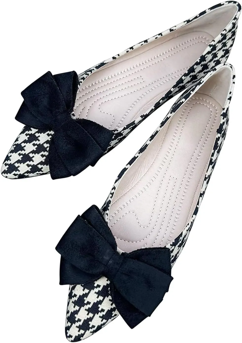 ChaiRong Zhou Women's Houndstooth Pointed Toe Flats Shoes Cute Bow Comfortable Dress Ballet Flats