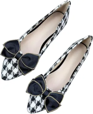 ChaiRong Zhou Women's Houndstooth Pointed Toe Flats Shoes Cute Bow Comfortable Dress Ballet Flats