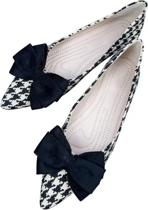 ChaiRong Zhou Women's Houndstooth Pointed Toe Flats Shoes Cute Bow Comfortable Dress Ballet Flats
