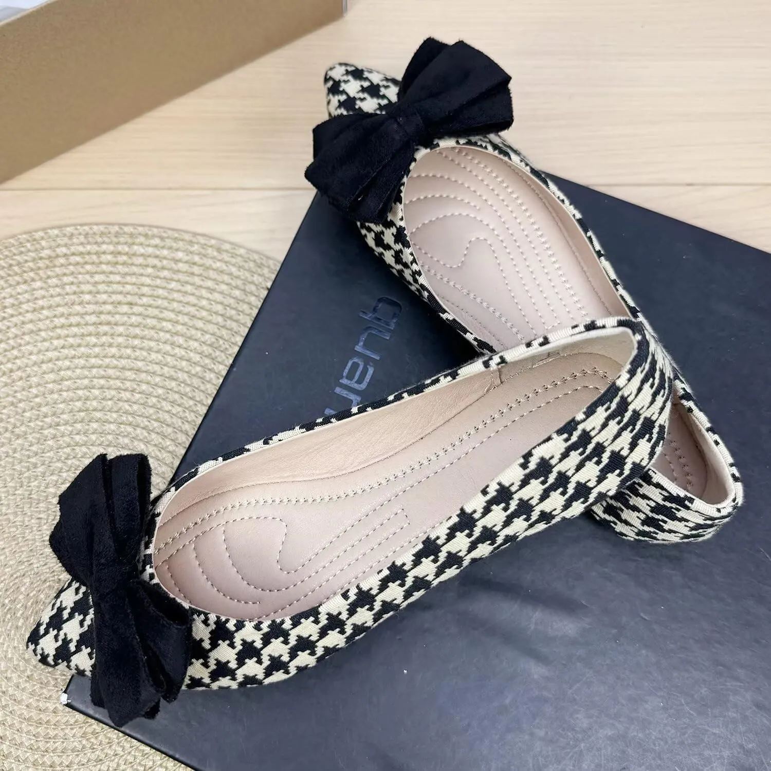 ChaiRong Zhou Women's Houndstooth Pointed Toe Flats Shoes Cute Bow Comfortable Dress Ballet Flats