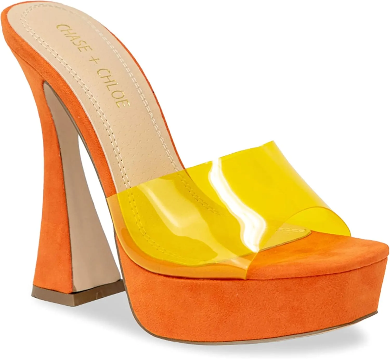 Chase & Chloe Women's Square Toe Patent Lucite Slip On Platform Heels