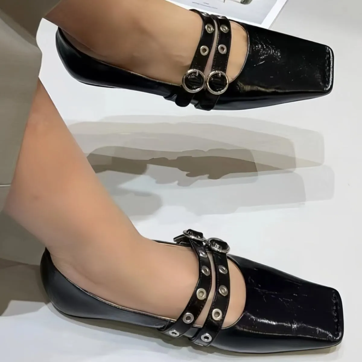 Chic and Elegant Square - Toe Slip on Flats for Women with Double - Buckle Rivet Design Comfortable Casual Dressy Shoes