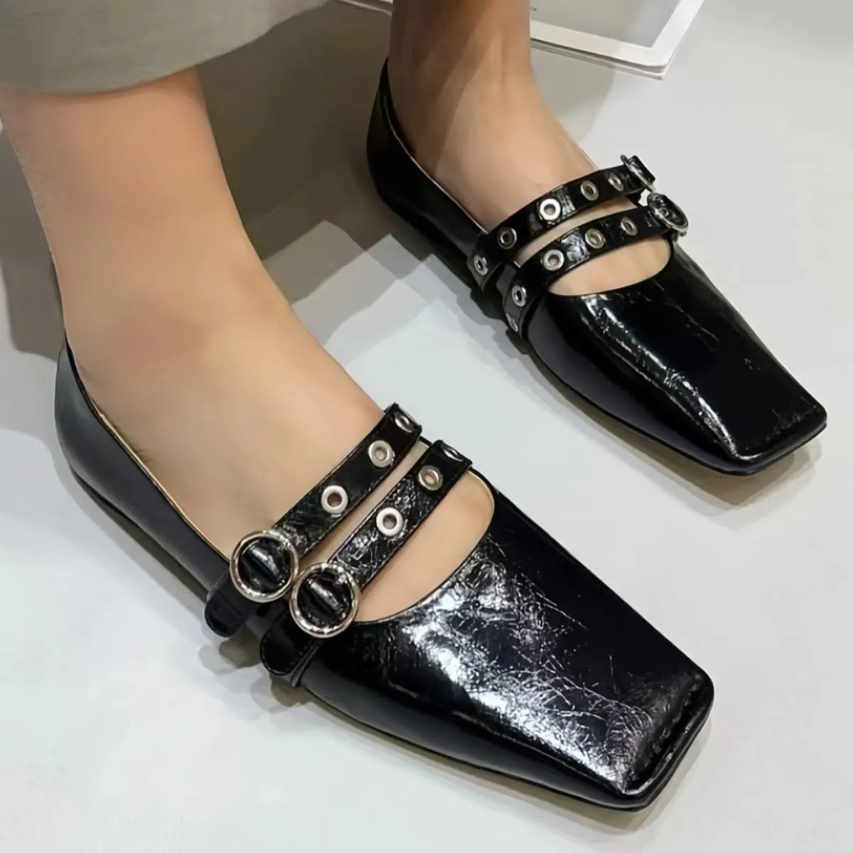 Chic and Elegant Square - Toe Slip on Flats for Women with Double - Buckle Rivet Design Comfortable Casual Dressy Shoes