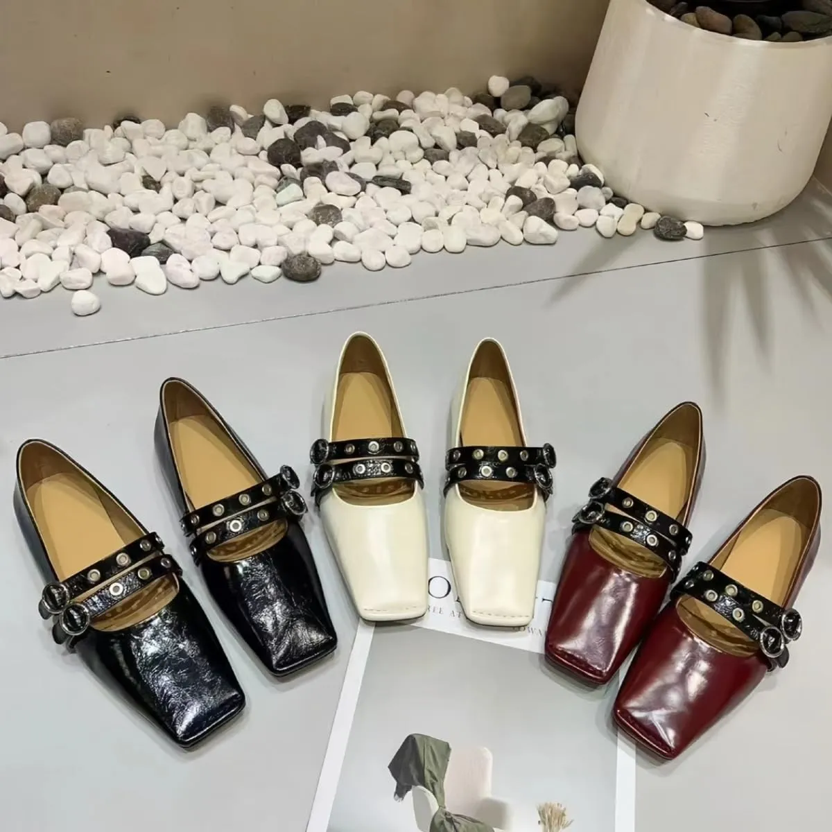 Chic and Elegant Square - Toe Slip on Flats for Women with Double - Buckle Rivet Design Comfortable Casual Dressy Shoes