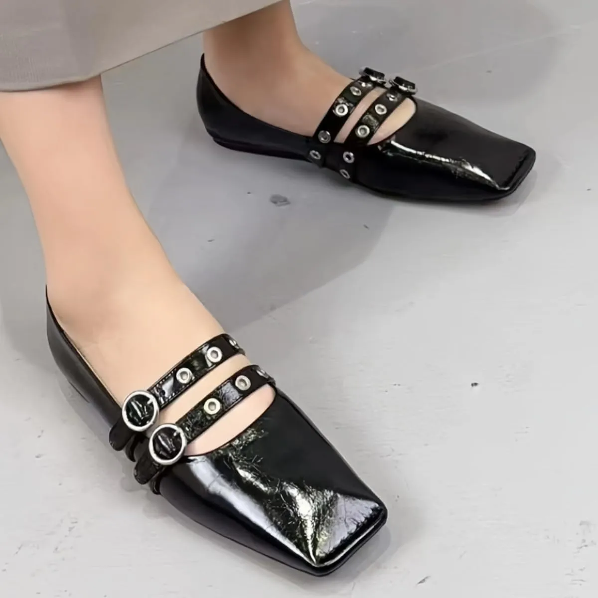 Chic and Elegant Square - Toe Slip on Flats for Women with Double - Buckle Rivet Design Comfortable Casual Dressy Shoes