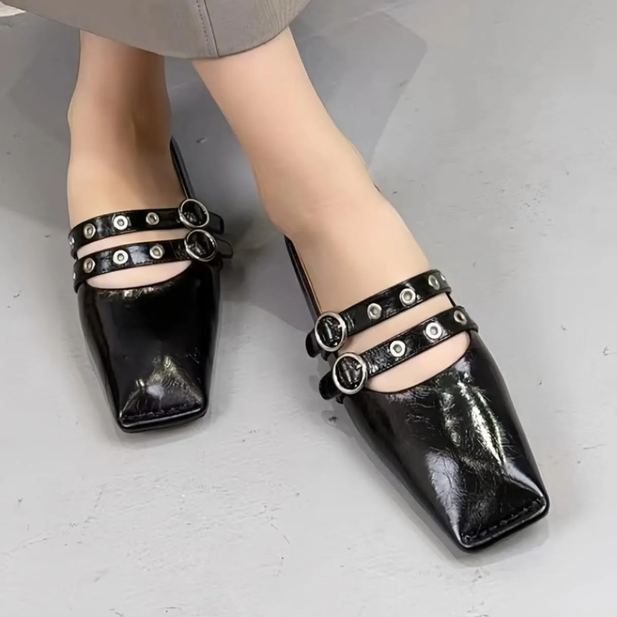 Chic and Elegant Square - Toe Slip on Flats for Women with Double - Buckle Rivet Design Comfortable Casual Dressy Shoes