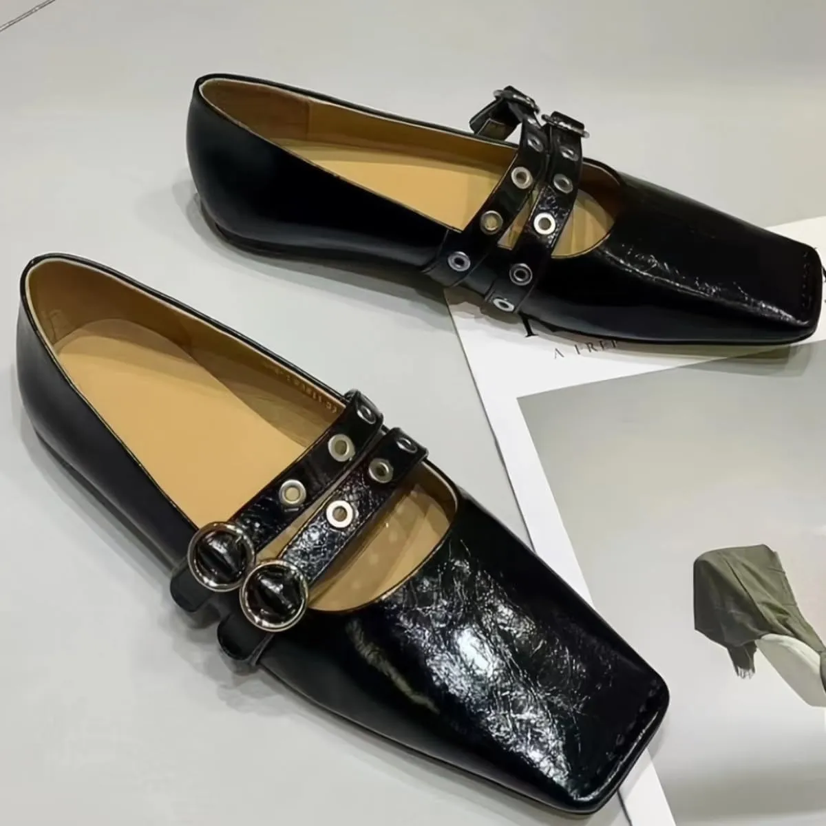 Chic and Elegant Square - Toe Slip on Flats for Women with Double - Buckle Rivet Design Comfortable Casual Dressy Shoes