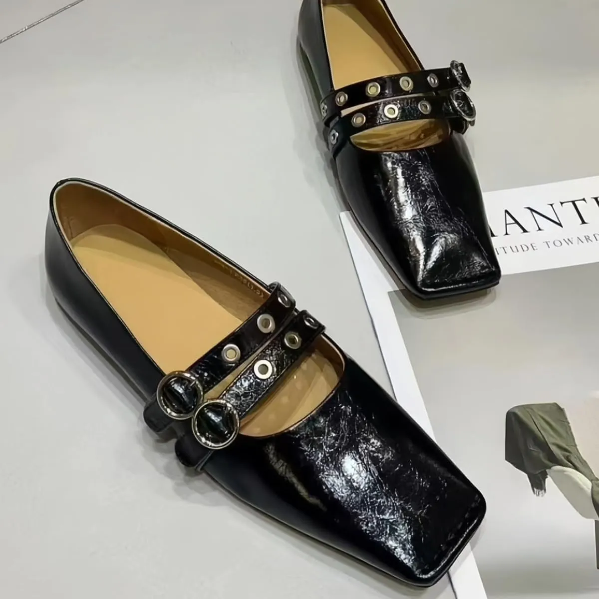 Chic and Elegant Square - Toe Slip on Flats for Women with Double - Buckle Rivet Design Comfortable Casual Dressy Shoes