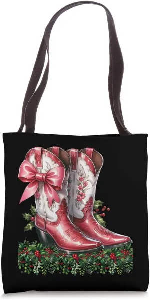 Christmas Pink Cowboy Boots Mistletoe Texas Xmas Cowgirl Tote Bag