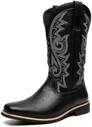 CHUUMEE Cowboy Boots for Men Square Toe Fashion Work Boots Embroidered Leather Western Boots Traditional Country Boot for Male