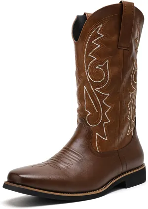 CHUUMEE Cowboy Boots for Men Square Toe Fashion Work Boots Embroidered Leather Western Boots Traditional Country Boot for Male