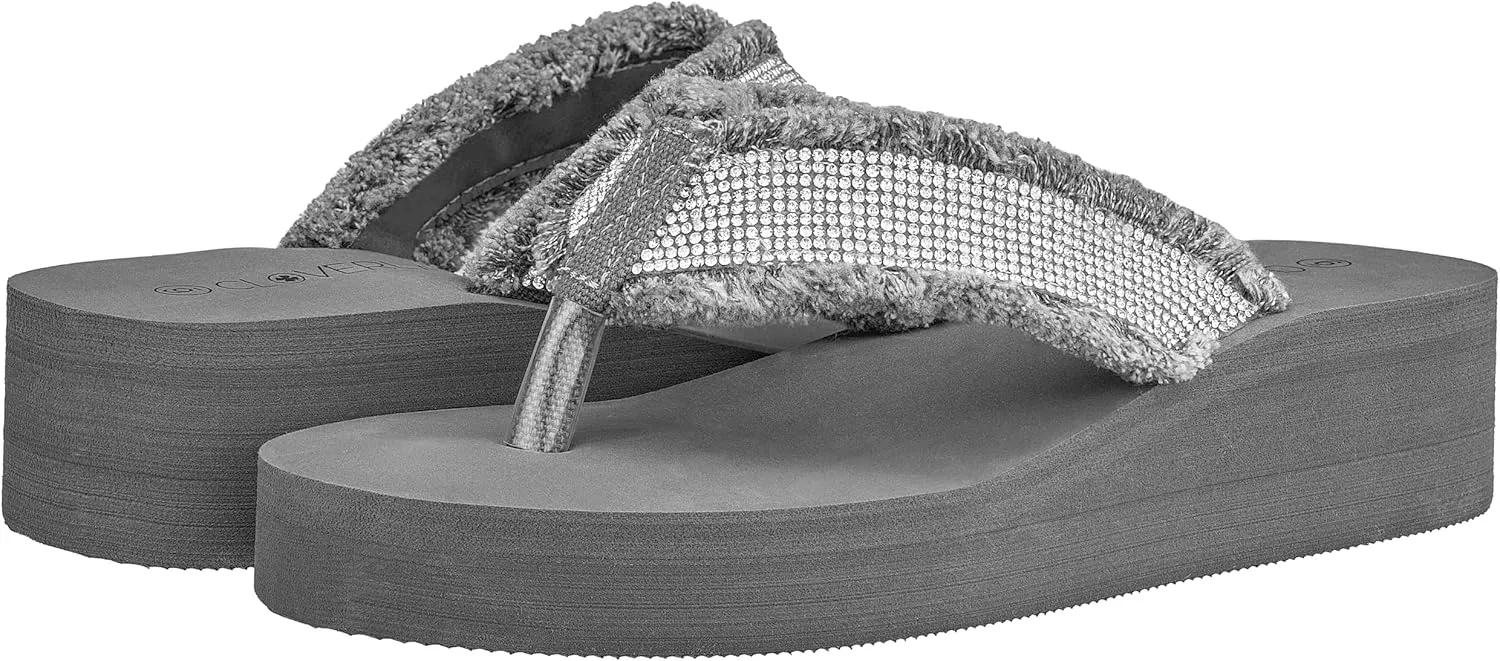 CLOVERLAY Women's Platform Flip Flops Rhinestone Glitter Sandals High Wedge Sandal
