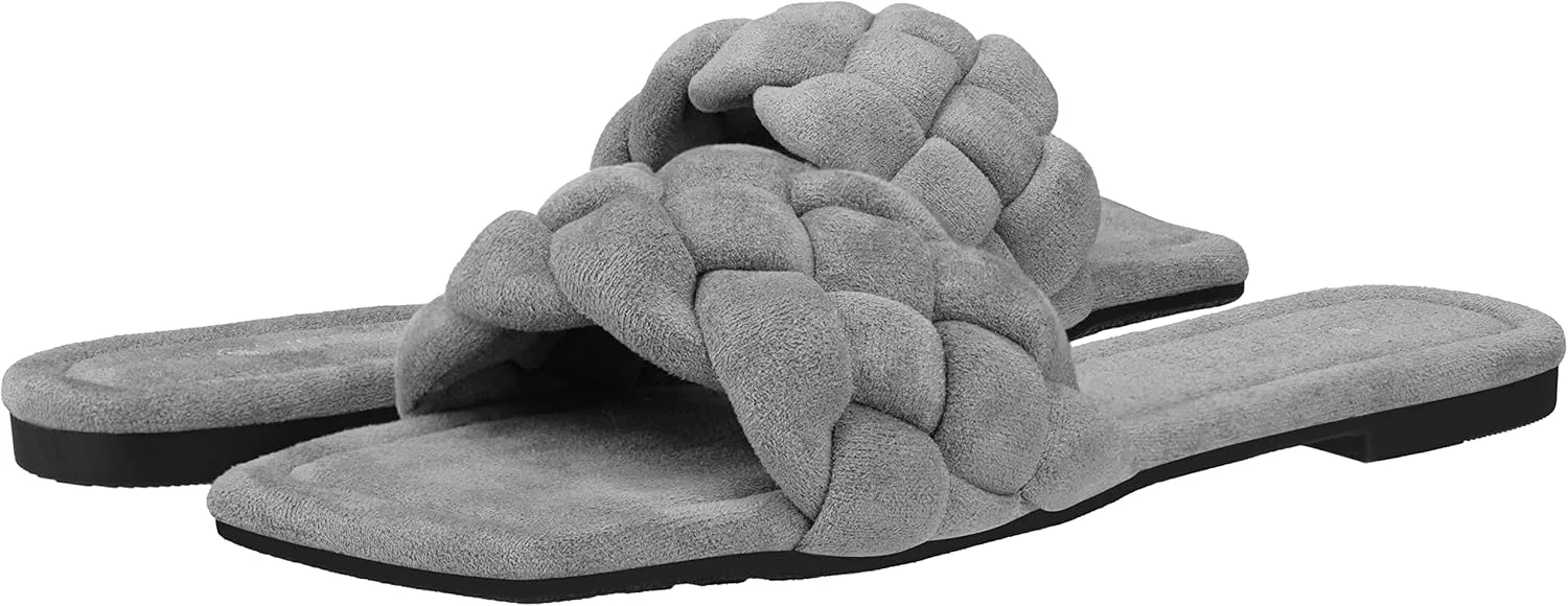 CLOVERLAY Yara Women's Square Open Toe Slides Braided Woven Single Band Slip on Flat Sandals