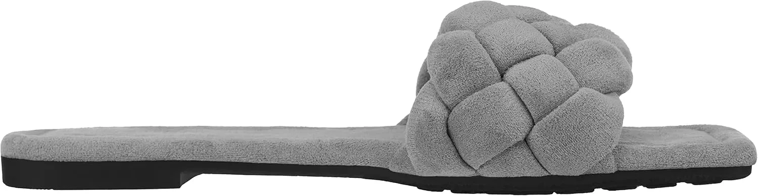CLOVERLAY Yara Women's Square Open Toe Slides Braided Woven Single Band Slip on Flat Sandals