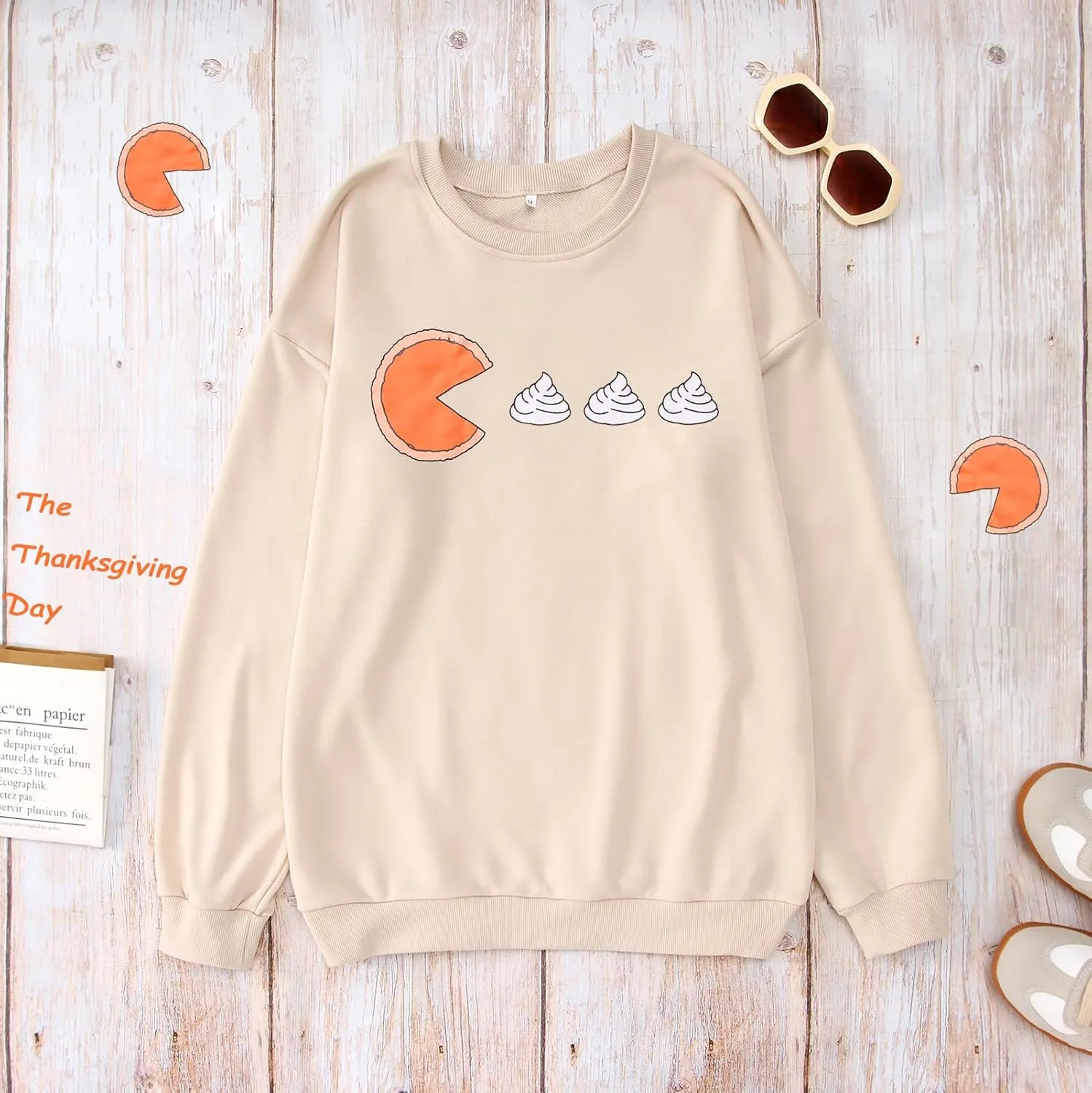 CM C&M WODRO Thanksgiving Sweatshirt Women Pumpkin Pie Whipped Cream Long Sleeve Shirts Funny Fall Crewneck Pullover Tops