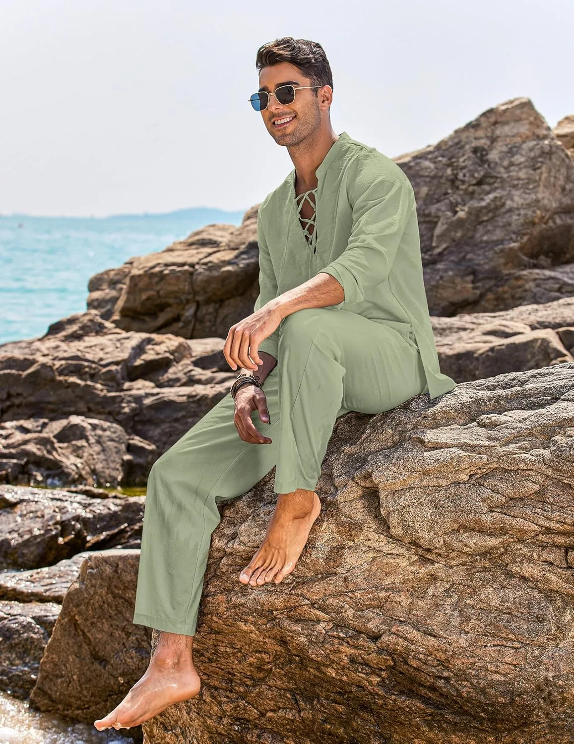COOFANDY Men's 2 Piece Linen Set Long Sleeve Henley Shirts Casual Beach Pants With Pockets Summer Yoga Outfits