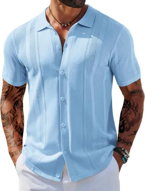 COOFANDY Men's Knit Shirts Short Sleeve Button Down Polo Shirt Vintage Casual Beach Shirt Summer Tops