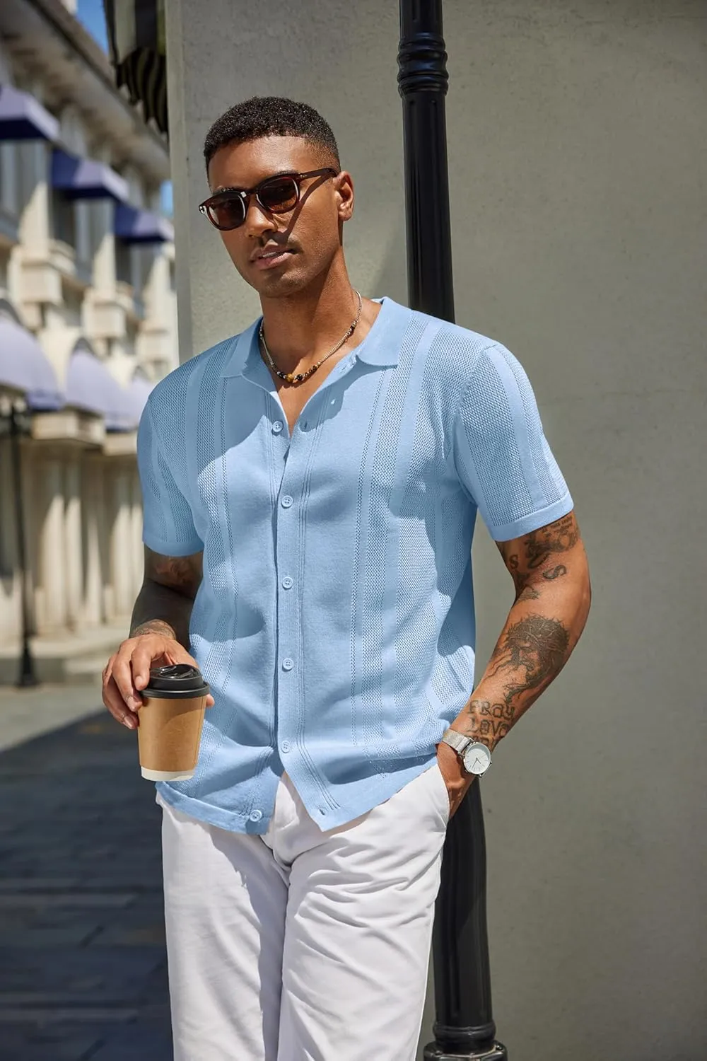 COOFANDY Men's Knit Shirts Short Sleeve Button Down Polo Shirt Vintage Casual Beach Shirt Summer Tops
