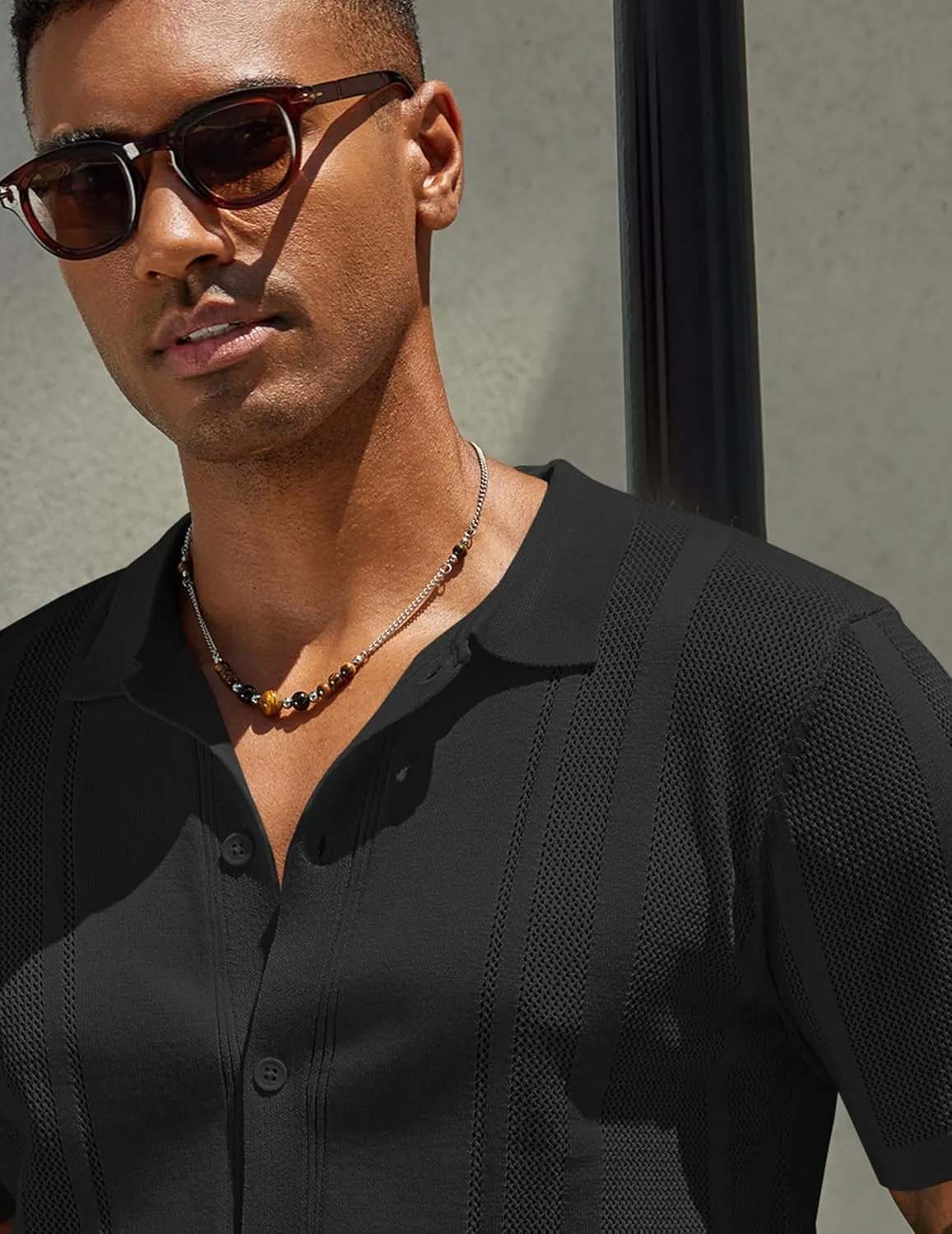 COOFANDY Men's Knit Shirts Short Sleeve Button Down Polo Shirt Vintage Casual Beach Shirt Summer Tops