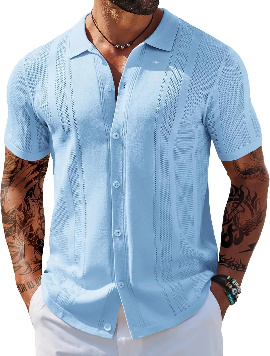 COOFANDY Men's Knit Shirts Short Sleeve Button Down Polo Shirt Vintage Casual Beach Shirt Summer Tops