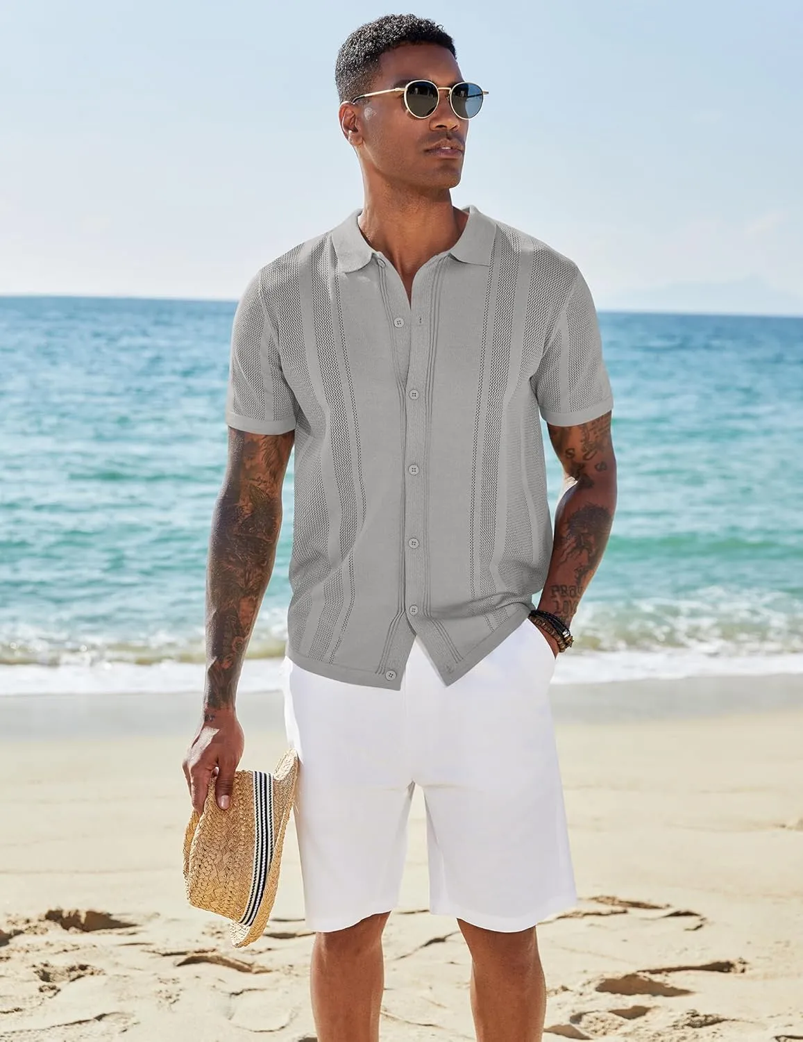 COOFANDY Men's Knit Shirts Short Sleeve Button Down Polo Shirt Vintage Casual Beach Shirt Summer Tops