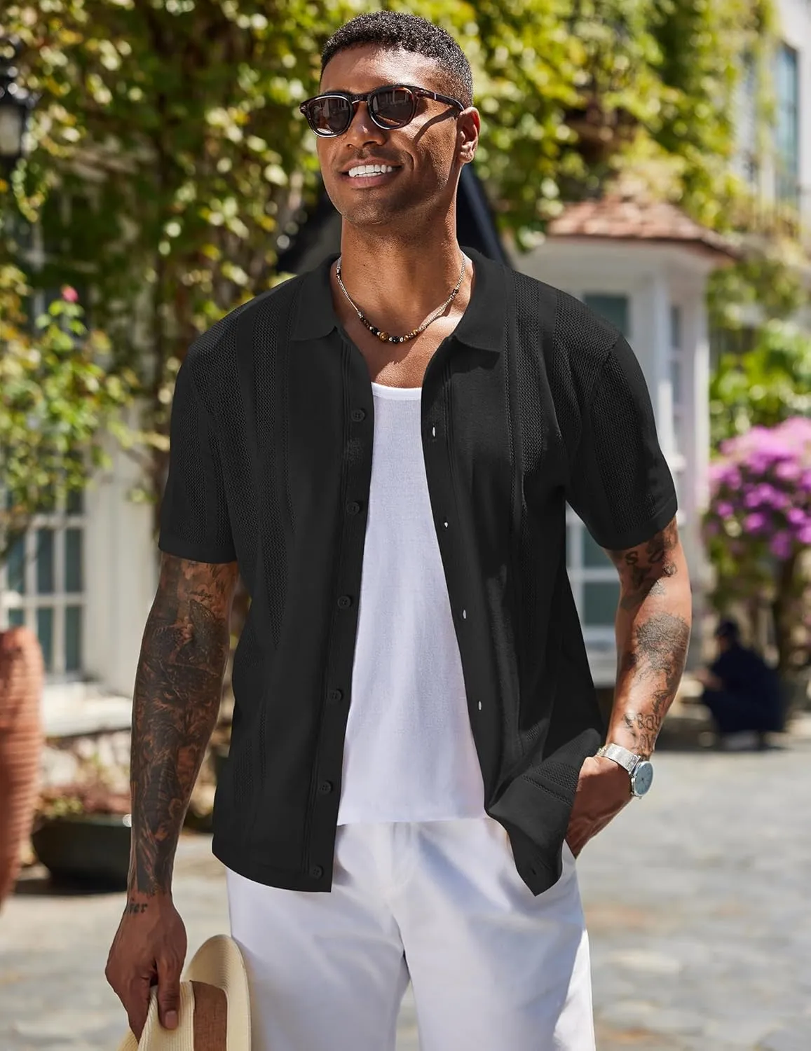 COOFANDY Men's Knit Shirts Short Sleeve Button Down Polo Shirt Vintage Casual Beach Shirt Summer Tops