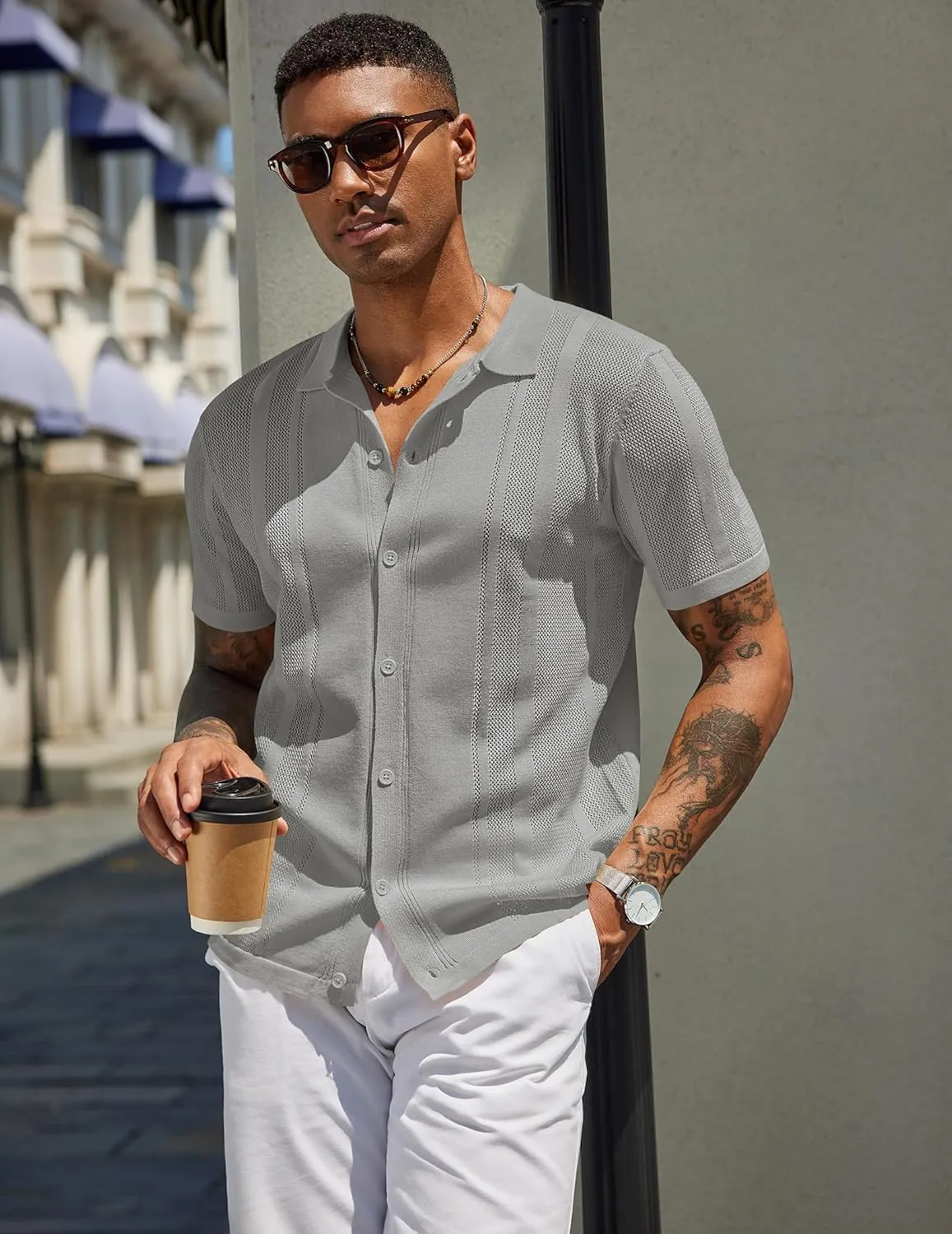 COOFANDY Men's Knit Shirts Short Sleeve Button Down Polo Shirt Vintage Casual Beach Shirt Summer Tops