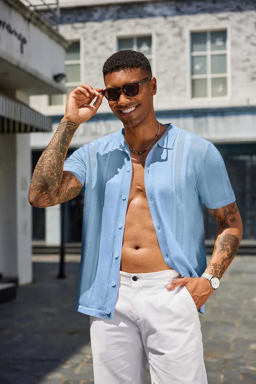 COOFANDY Men's Knit Shirts Short Sleeve Button Down Polo Shirt Vintage Casual Beach Shirt Summer Tops