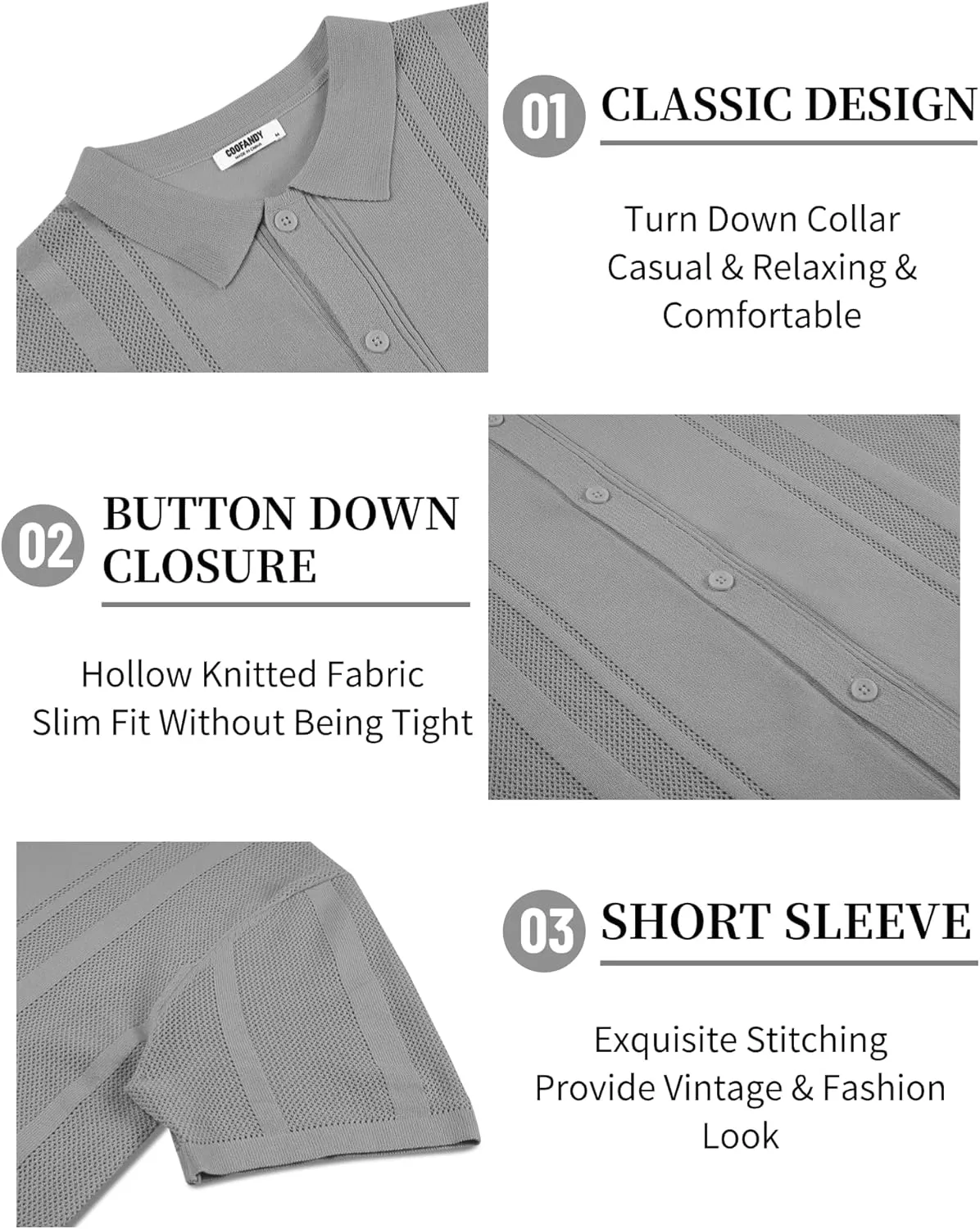 COOFANDY Men's Knit Shirts Short Sleeve Button Down Polo Shirt Vintage Casual Beach Shirt Summer Tops