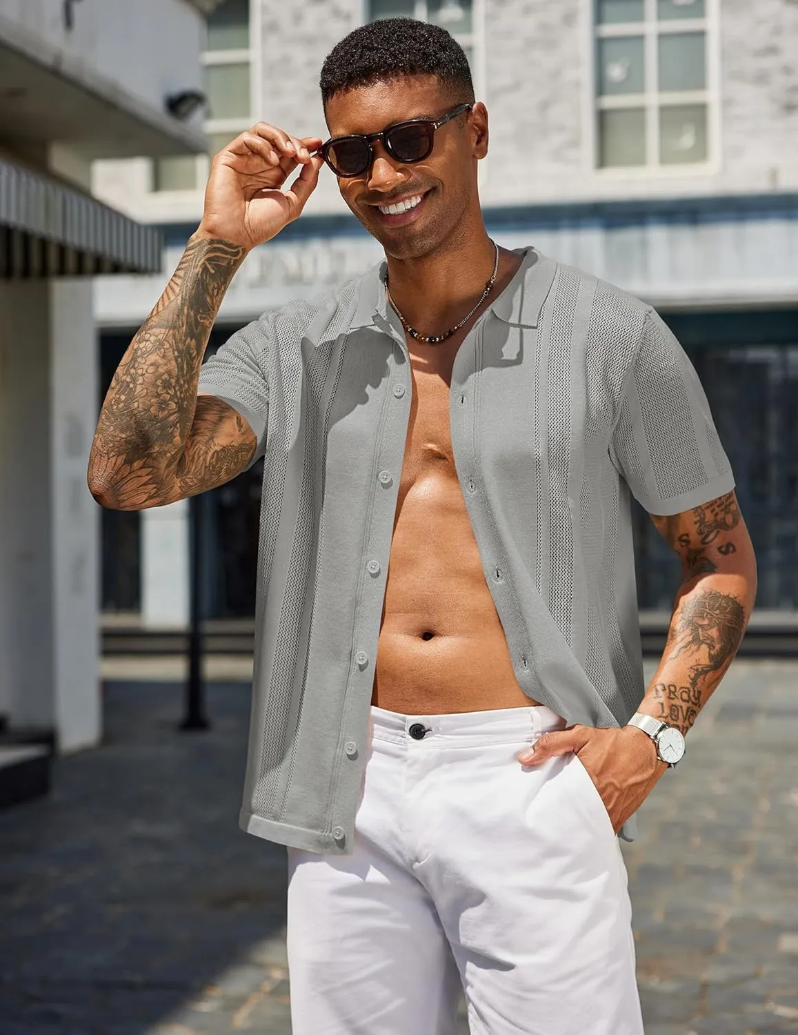 COOFANDY Men's Knit Shirts Short Sleeve Button Down Polo Shirt Vintage Casual Beach Shirt Summer Tops