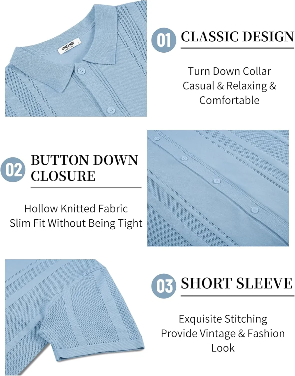 COOFANDY Men's Knit Shirts Short Sleeve Button Down Polo Shirt Vintage Casual Beach Shirt Summer Tops